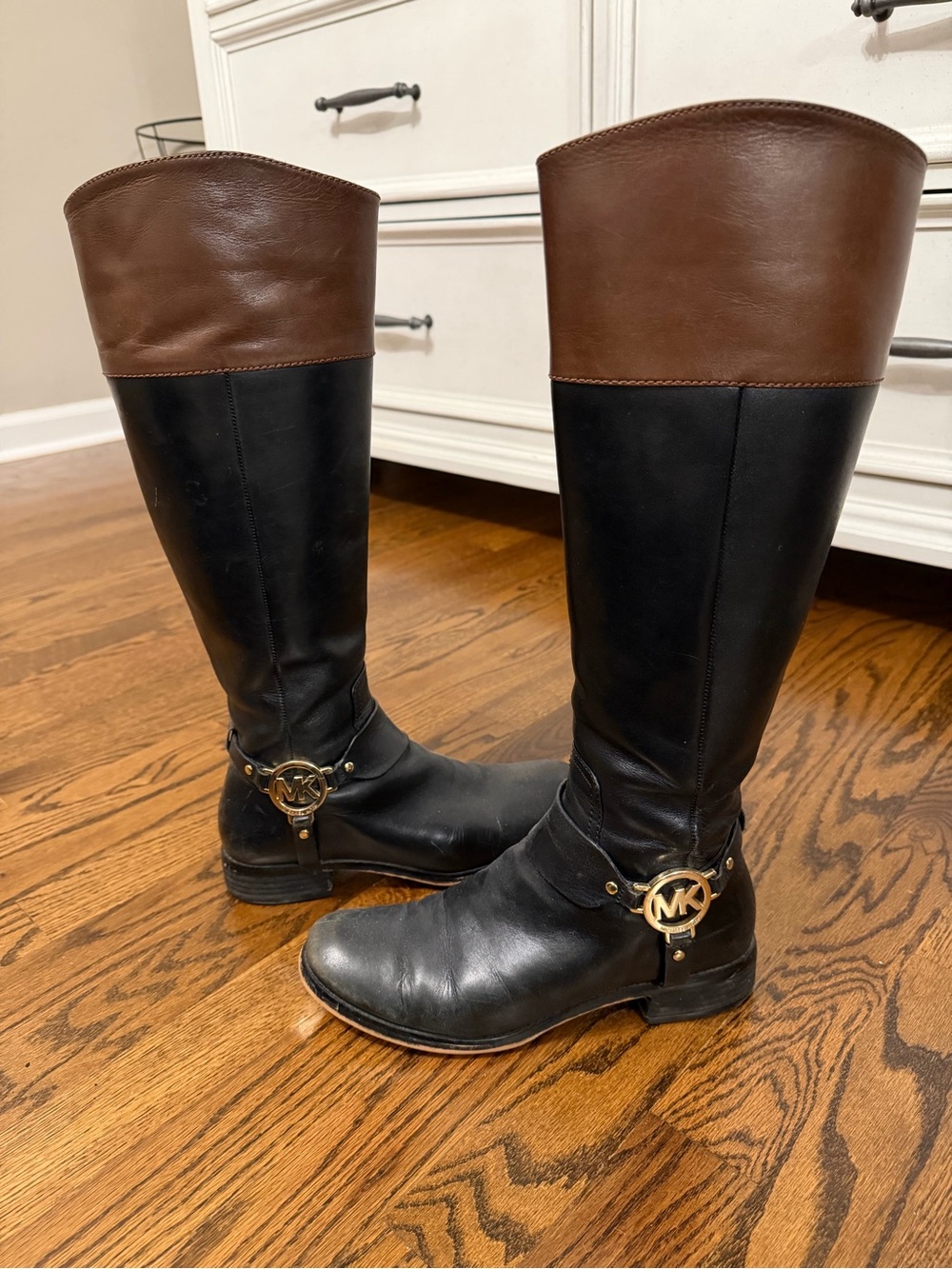 Michael Kors Black and Brown Leather Riding Boots with MK Logo